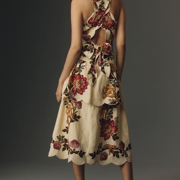 FARM Rio Sand Leopard Flowers Tiered Halter Cutout Midi Dress- XL -New with tags - Picture 2 of 6